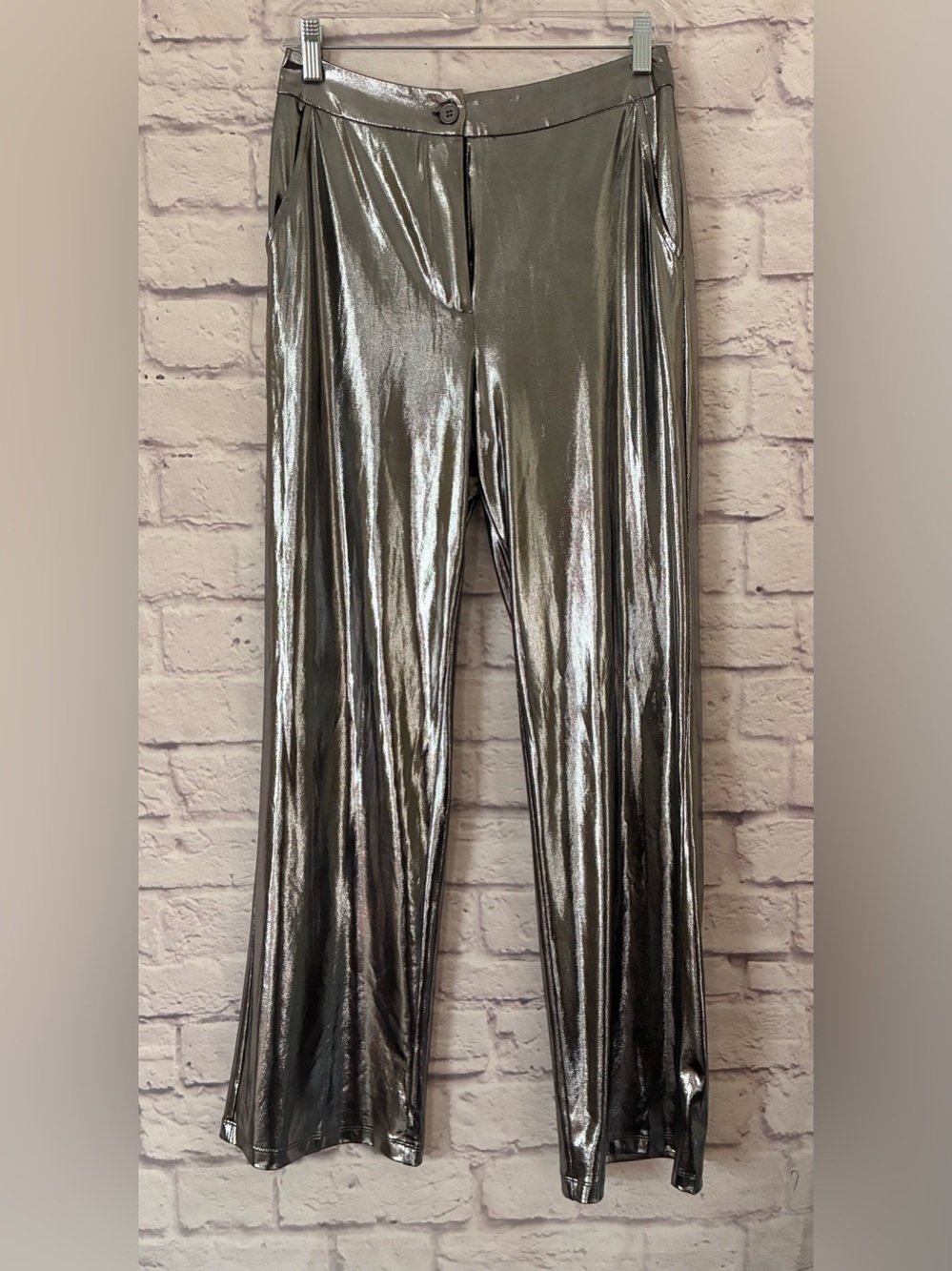 Sincerely Jules Women’s Metallic Silver Shiny Pants Flared Bottoms - Medium